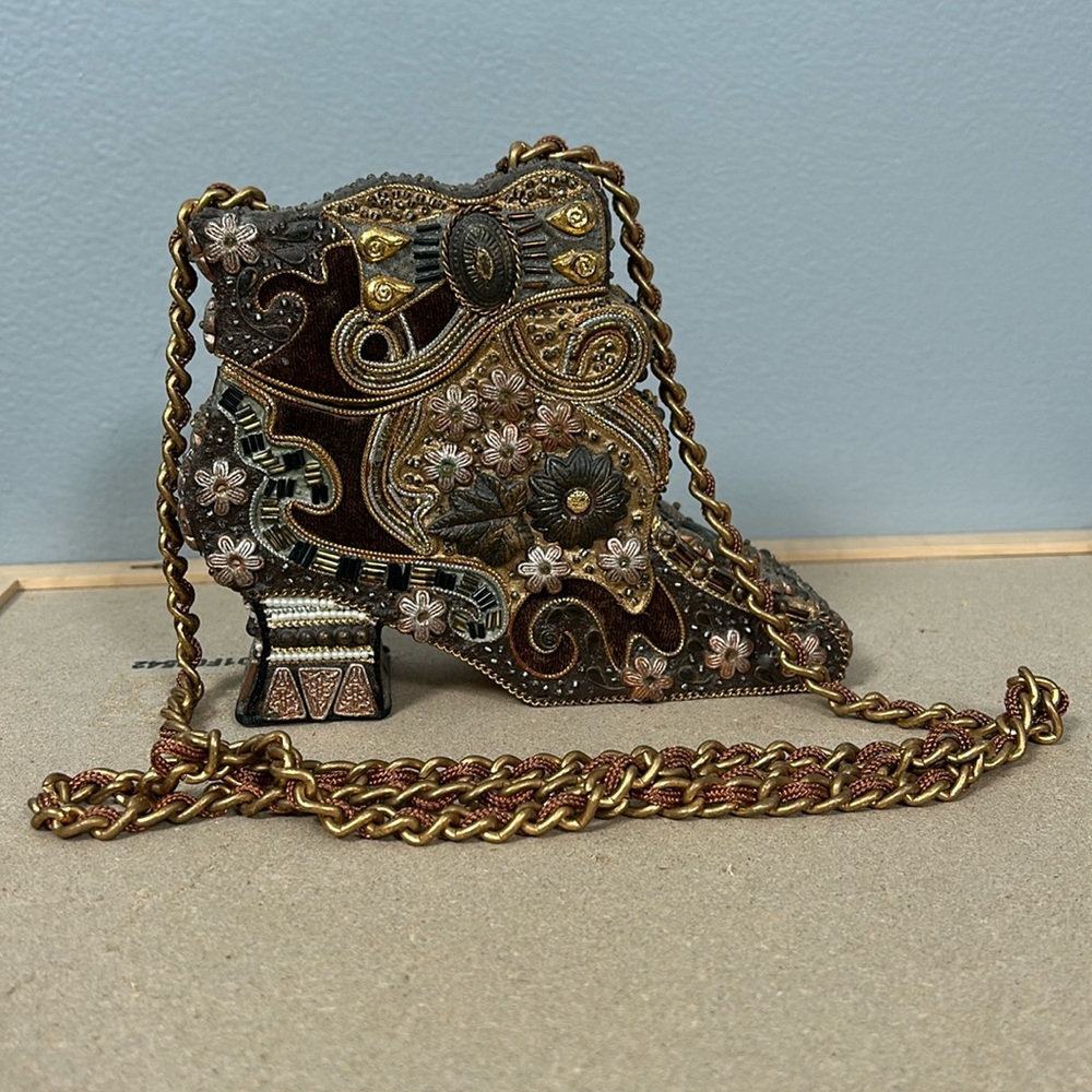 Victorian-Inspired Mary Frances Handbag Gold Brown Purse Jeweled Shoe box bag